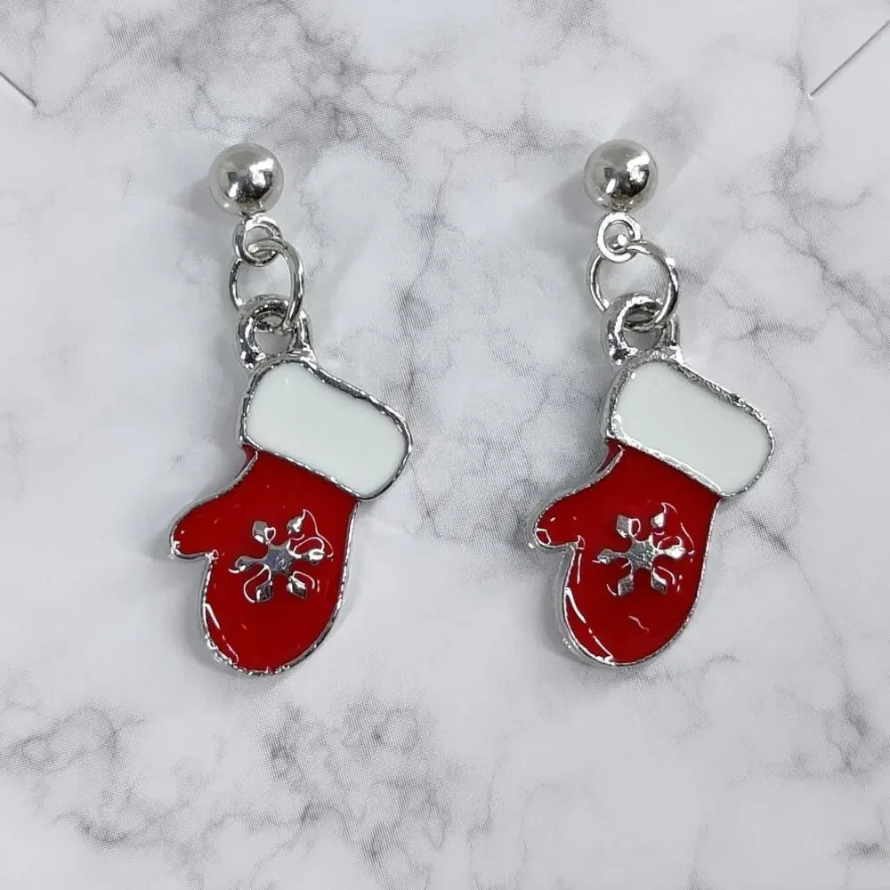 Holiday Earrings Christmas Mittens w/ Snowflake Studs Enamel Silver  Plated
